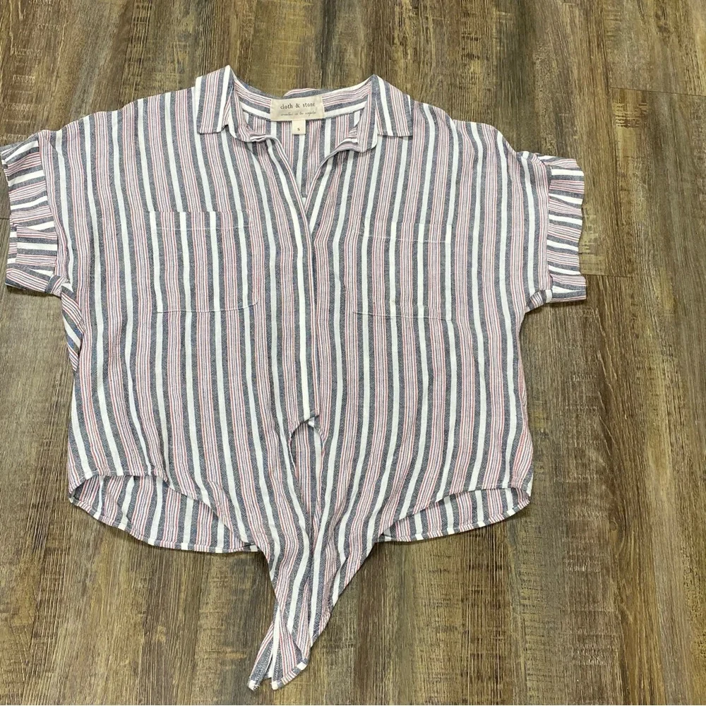 Cloth And Stone Striped Button-Up Tie-Front Top Rayon Linen Blend‎